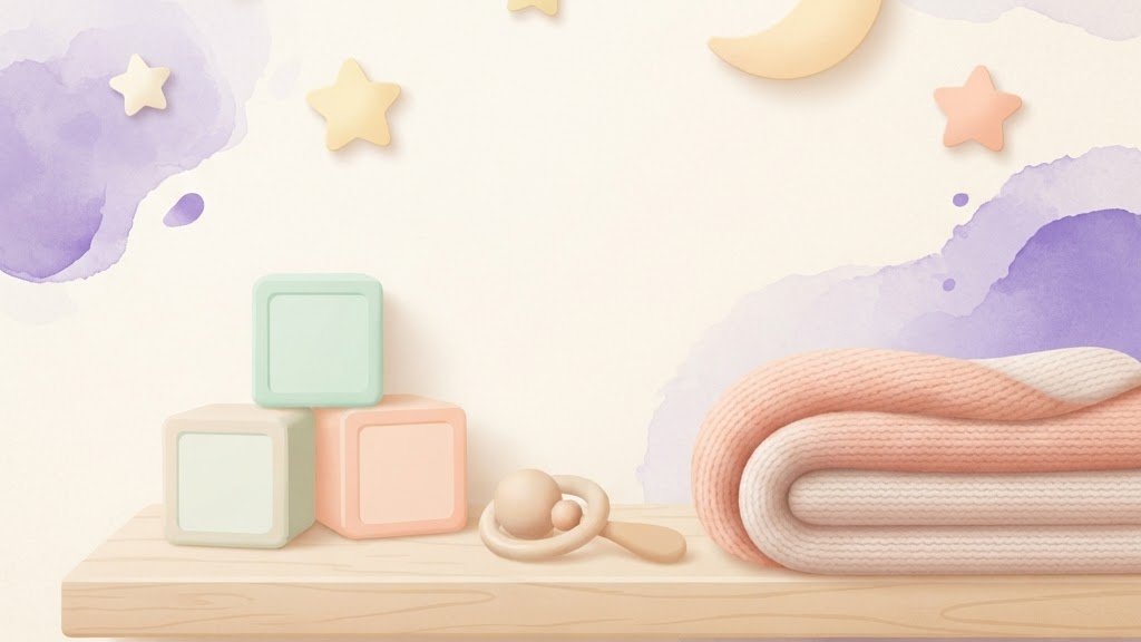Soft illustration of a cozy nursery shelf with baby blocks, a rattle, and stars