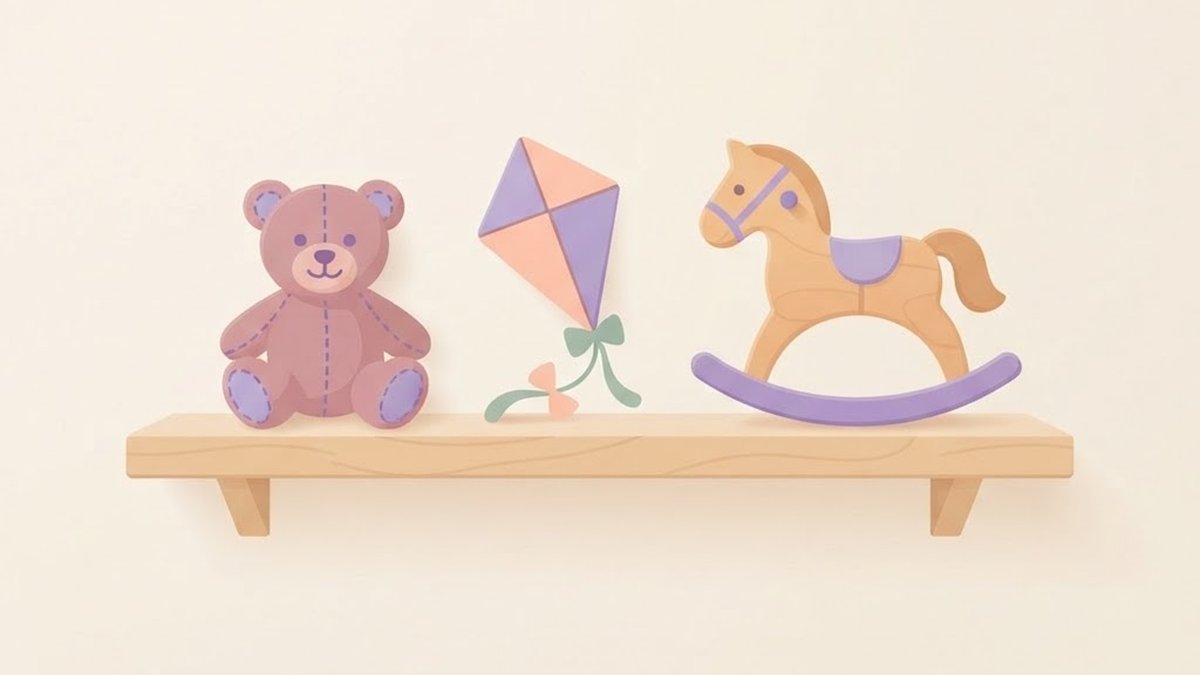 Soft illustration of a nursery shelf holding a teddy bear, a kite, and a rocking horse